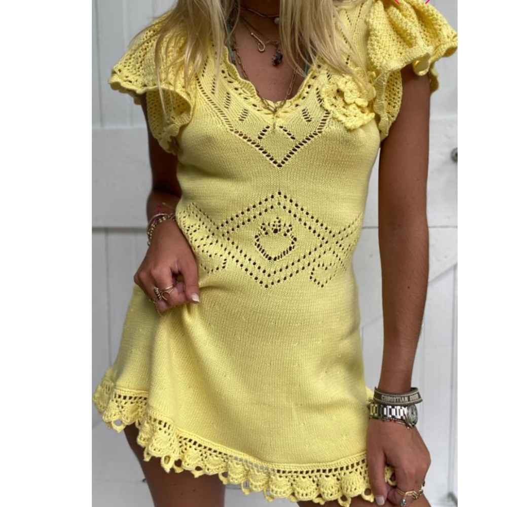LoveShackFancy Fresno Mini Dress Color Lemon Drop Pointelle Crochet Knit Fabric